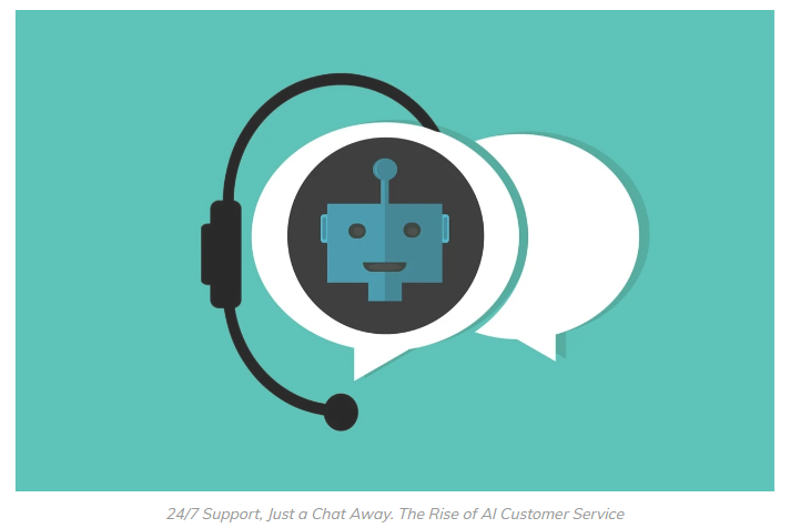 AI chatbot icon in chat bubbles with headset, text: "24/7 Support, Just a Chat Away. The Rise of AI Customer Service"