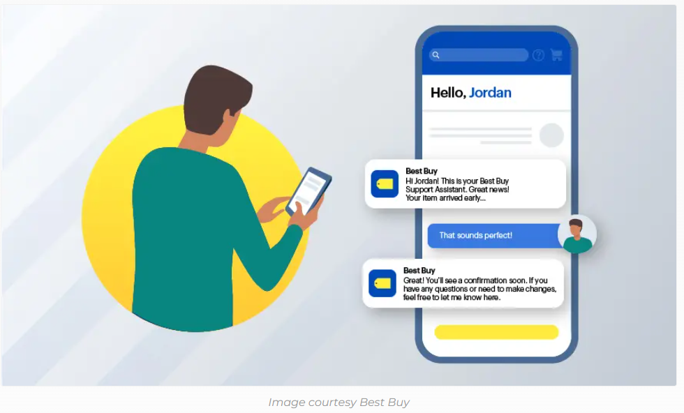 Person with phone chatting with Best Buy Support Assistant on mobile app, showing conversation about an item arriving early.