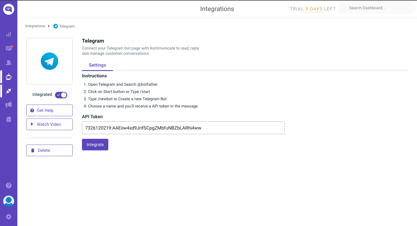 Screenshot of an integration setup page for Telegram, showing instructions and an API token field.