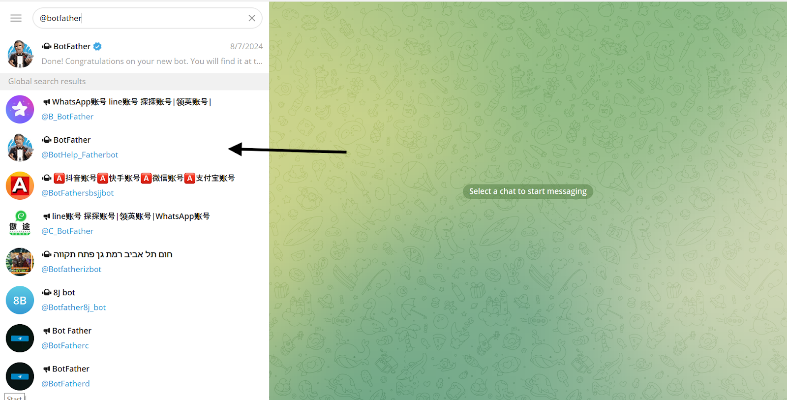 Screenshot of a Telegram interface showing a search for "BotFather" with a list of search results, including various bot names and channels.