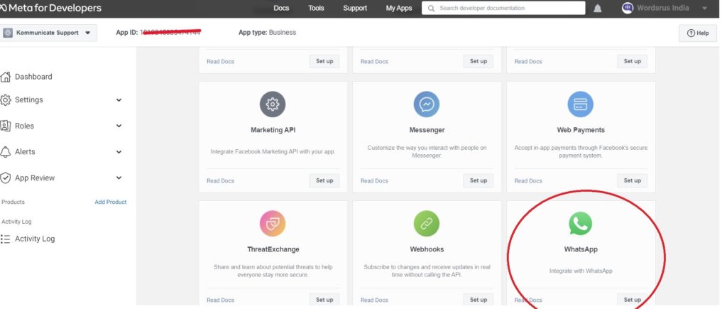 Meta for Developers dashboard with options to set up Marketing API, Messenger, Web Payments, ThreatExchange, Webhooks, and WhatsApp integration.