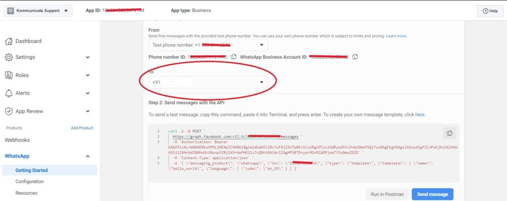 WhatsApp Business Platform setup screen with fields for phone number, phone number ID, WhatsApp Business Account ID, and a code snippet for sending test messages.