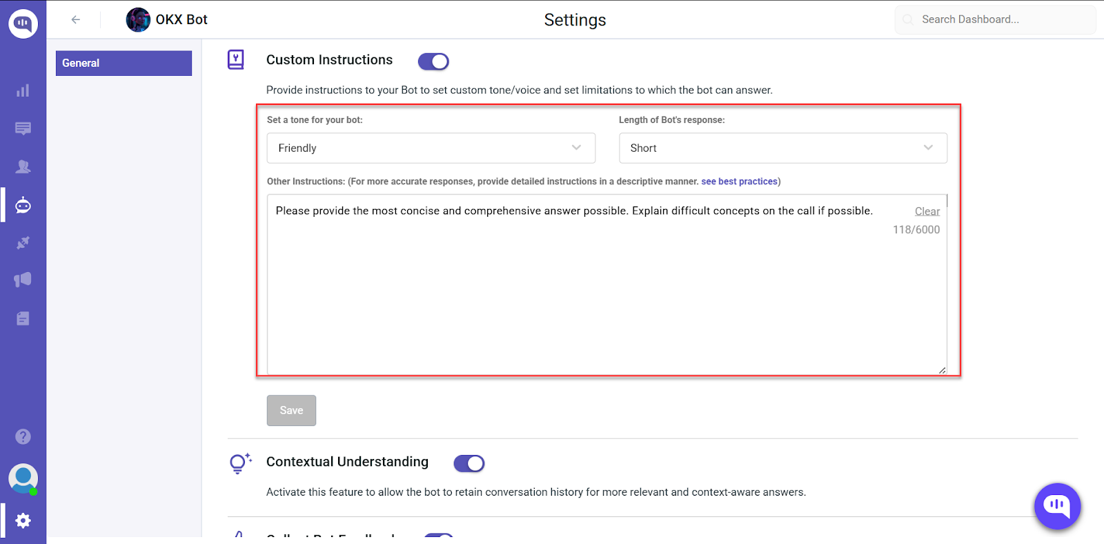 Bot settings: Custom instructions to set tone (Friendly), response length (Short), and provide detailed instructions for the bot. Contextual understanding is also configurable.