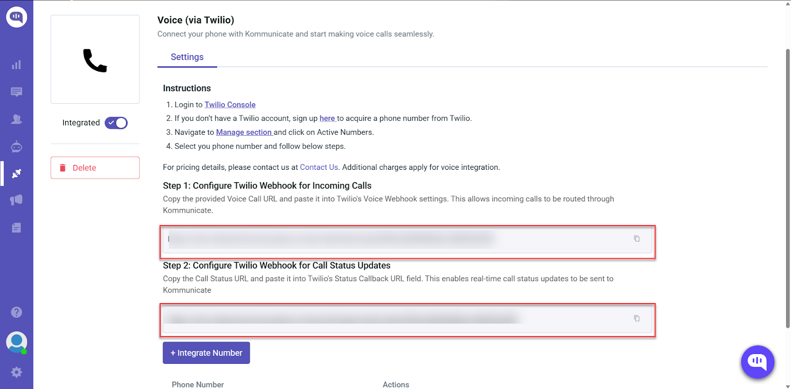 Voice (via Twilio) settings: Connect your phone and follow instructions to configure Twilio webhooks for incoming calls and status updates.
