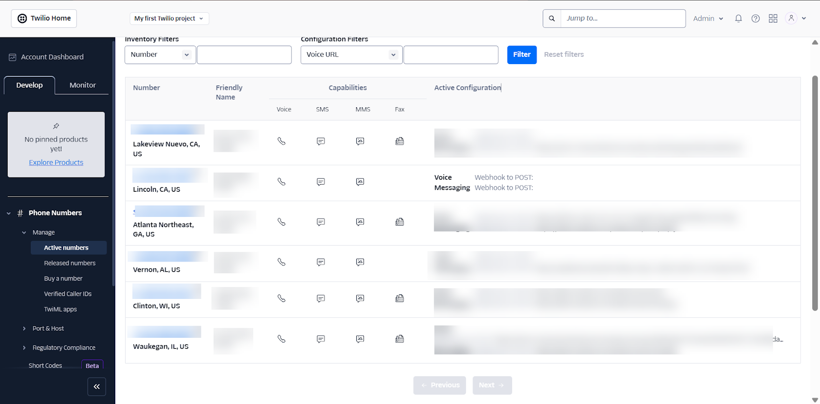 Twilio active phone numbers: Lists numbers with friendly names, capabilities (Voice, SMS, MMS, Fax), and active configurations (e.g., Voice webhook).