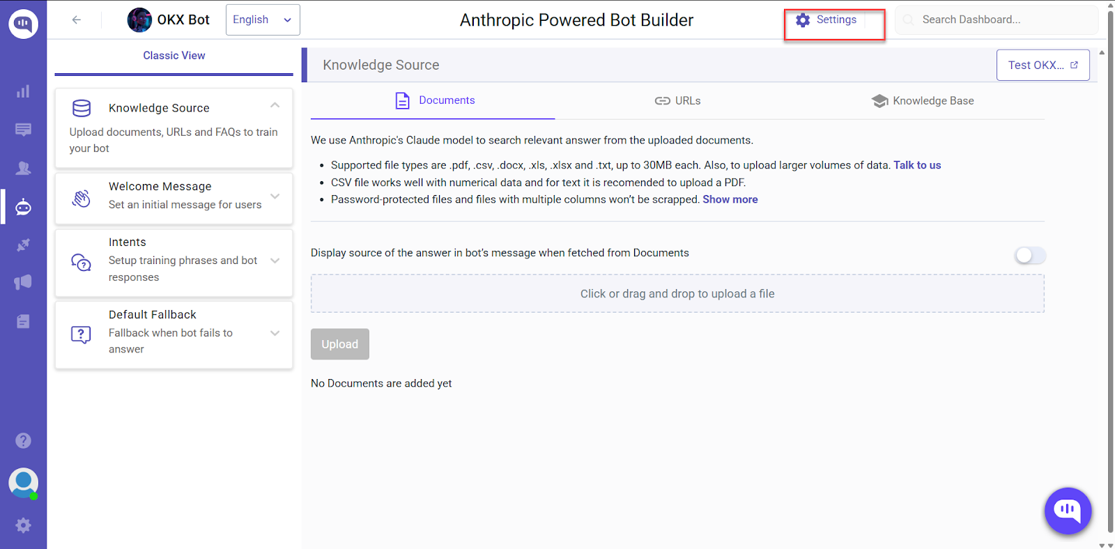 Anthropic Powered Bot Builder: Settings highlighted. Options to manage knowledge sources (documents, URLs) and bot behavior (welcome message, intents, fallback).
