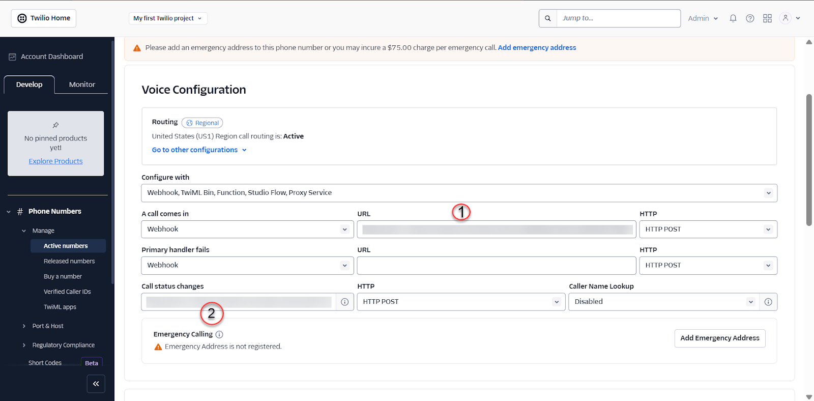 Twilio Voice Configuration: Shows webhook URLs for when a call comes in (1) and for call status changes (2). Emergency calling not registered.