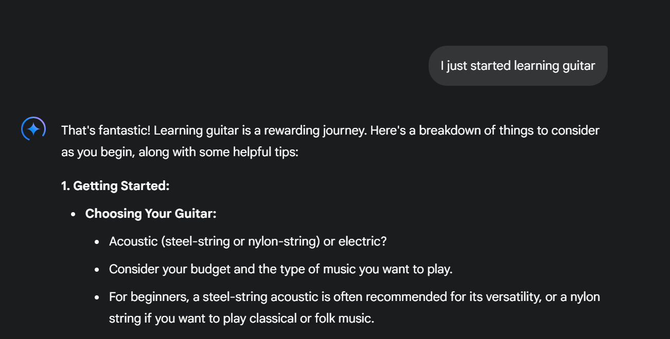 Gemini interface showing a user message: 'I just started learning guitar,' followed by an AI response providing beginner tips on choosing a guitar, including acoustic vs. electric options and budget considerations.