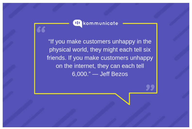Jeff Bezos on the power of online customer feedback. Jeff Bezos quote on customer experience in a speech bubble on a blue background.