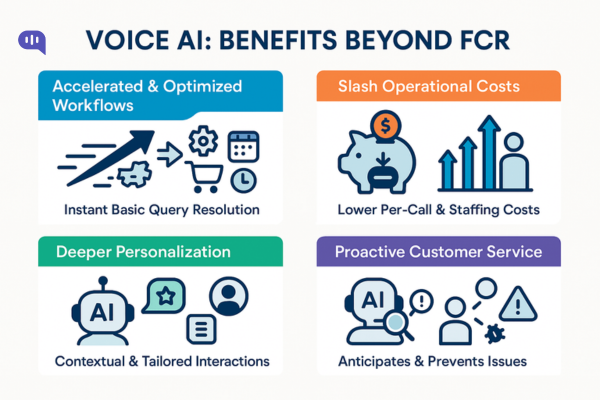 Voice AI: Benefits Beyond FCR Infographic titled “Voice AI: Benefits Beyond FCR,” highlighting four key advantages: accelerated workflows, reduced operational costs, deeper personalization, and proactive customer service.