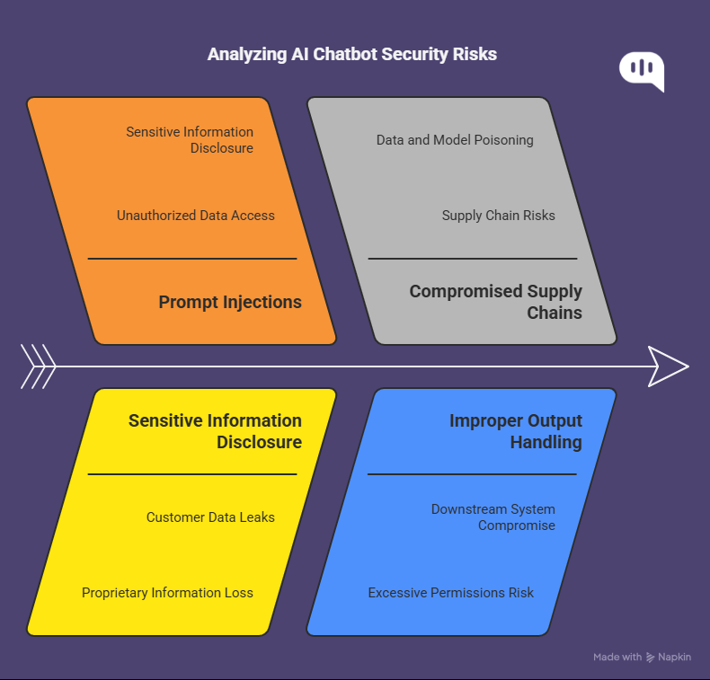 Analyzing AI Chatbots Security Risks Diagram titled 'Analyzing AI Chatbot Security Risks' displaying four key risk categories: Prompt Injections, Compromised Supply Chains, Sensitive Information Disclosure, and Improper Output Handling, each with associated threats.