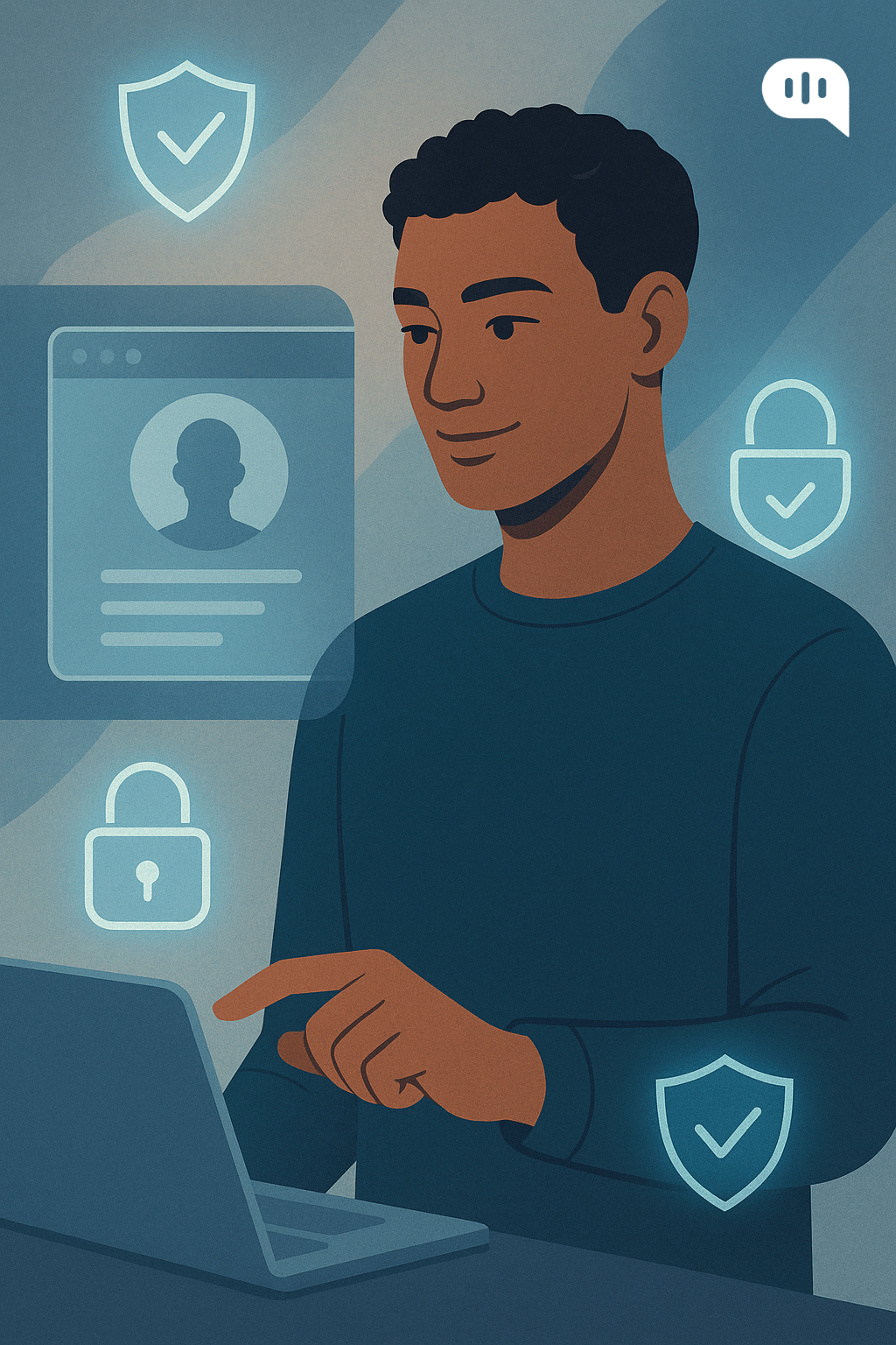 Illustration of a person using a laptop with digital security icons like padlocks and shields surrounding them, representing secure online interaction and data protection.