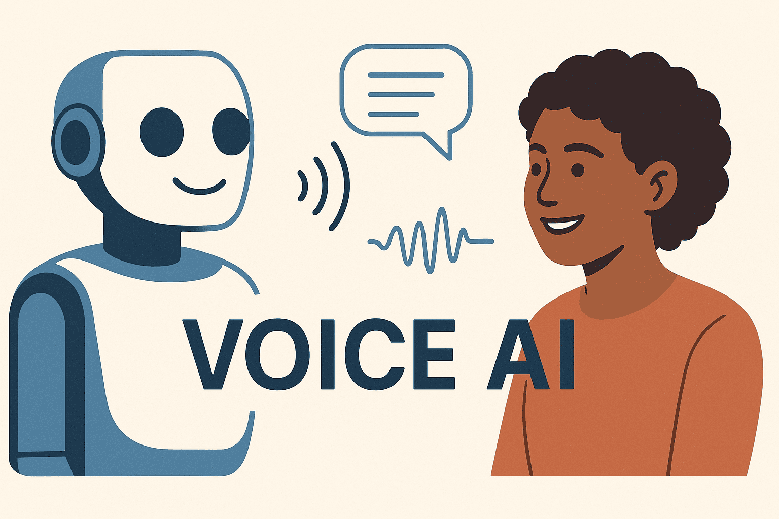 Voice AI Illustration of a smiling human interacting with a friendly robot using voice AI technology, featuring speech waveforms and chat bubble graphics