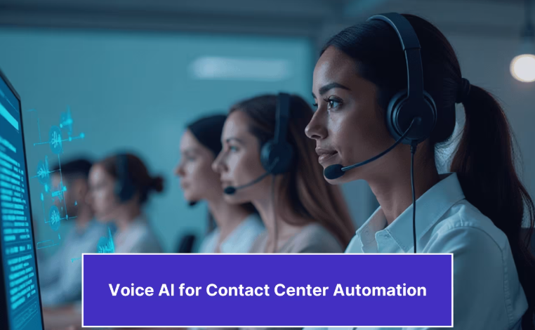 Voice AI for Contact Center Automation Female contact center agent using Voice AI software for real-time customer support automation in a modern call center environment.