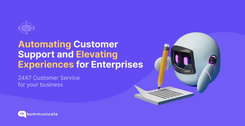 AI chatbot mascot from Kommunicate writing on a notepad, symbolizing automation of customer support and 24x7 service for enterprises with AI-driven customer experience solutions.
