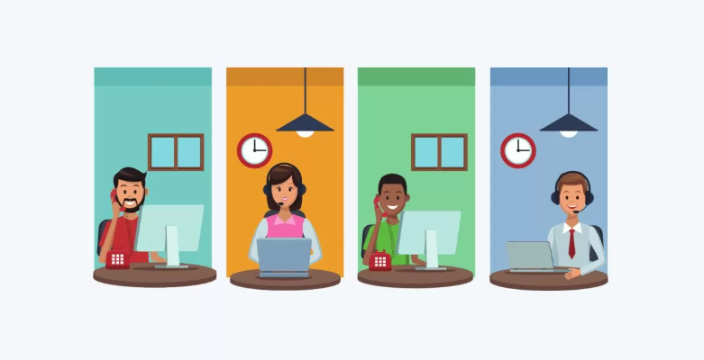 Illustration of remote call center agents working from different locations, representing the concept of a virtual call center setup with decentralized communication.