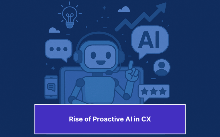 The Rise of Proactive AI in CX Illustration of a friendly AI chatbot with headset surrounded by customer experience icons like speech bubbles, stars, and graphs, highlighting the rise of proactive AI in CX.