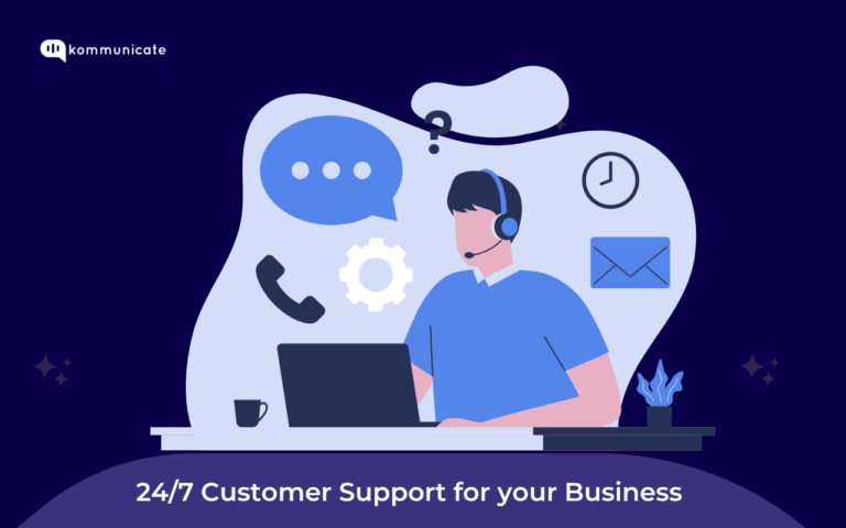 Why Your Business Needs 24/7 Customer Support to Stay Competitive? Illustration of a customer support agent using a laptop with chat, email, and phone icons representing 24/7 customer service by Kommunicate.