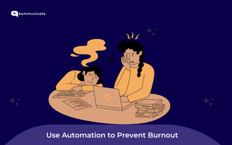Smart Automation for Support Team Leaders: A Burnout Prevention Playbook Illustration of two overwhelmed support agents at a desk—one asleep on paperwork and the other looking stressed in front of a laptop—highlighting the impact of burnout and the need for automation in customer support.