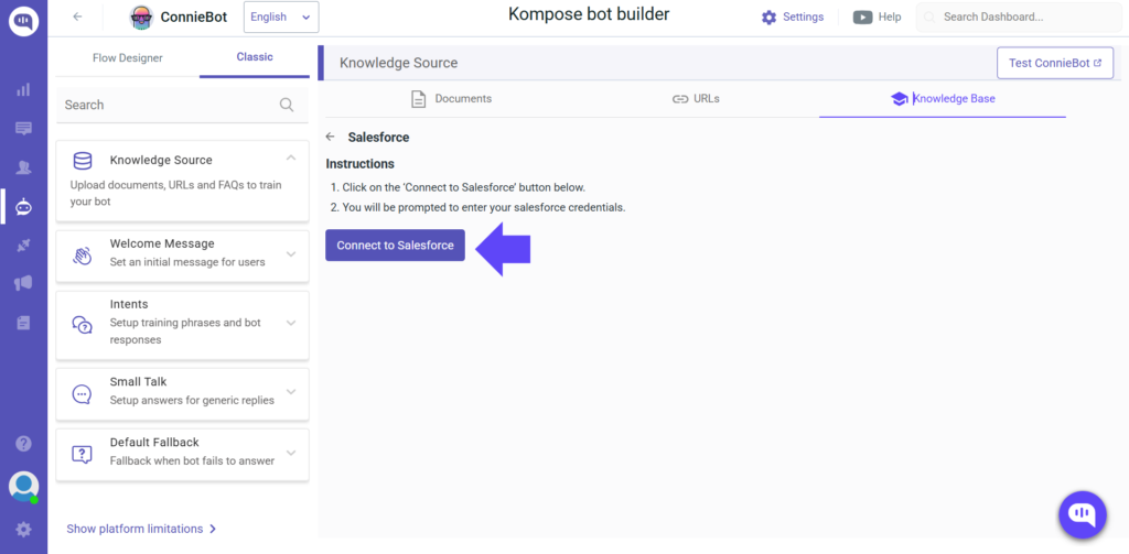 Screenshot of the Kompose bot builder interface showing the option to connect Salesforce as a knowledge source, with a large purple arrow pointing to the "Connect to Salesforce" button.