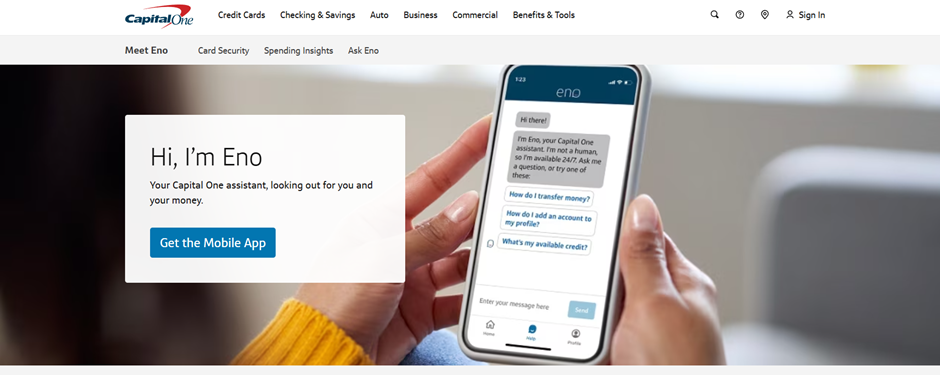 Capital One: Meet Eno, Your Virtual Assistant Capital One website with Eno, the virtual assistant, displayed on a phone screen.