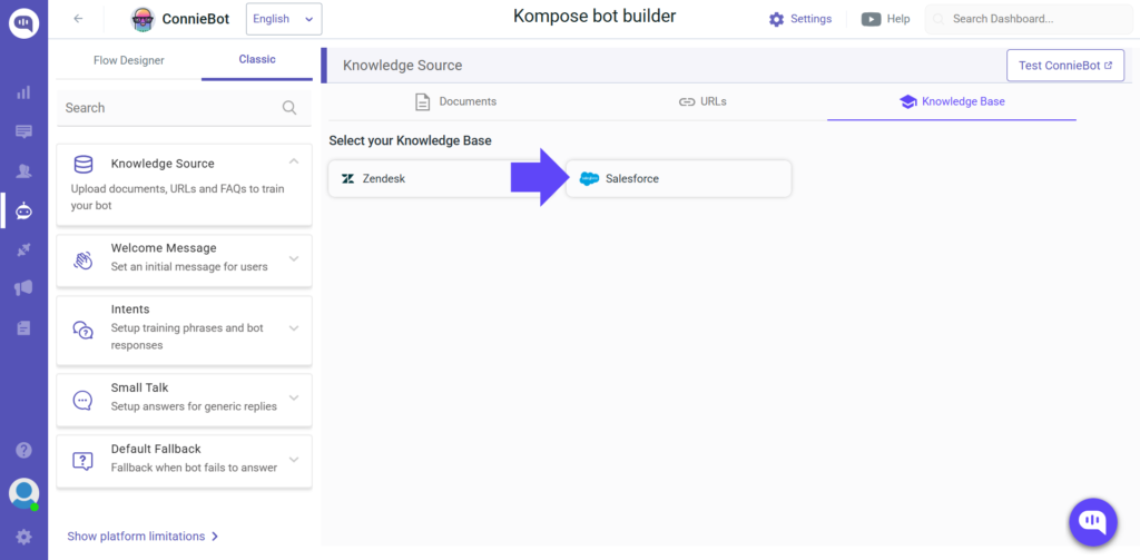 Kompose bot builder interface displaying the selection screen for a knowledge base, with Zendesk and Salesforce options. A large purple arrow points to the Salesforce option.