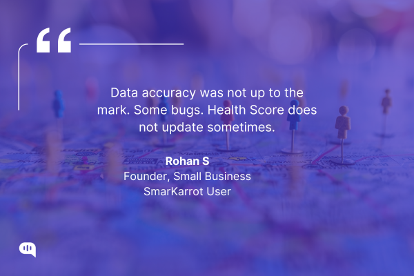 Quote by Rohan S, Founder, Small Business, SmarKarrot User. Quote graphic with a blurred background of a map covered in location pins shaped like people. The quote reads: “Data accuracy was not up to the mark. Some bugs. Health Score does not update sometimes.” — Rohan S, Founder, Small Business, SmarKarrot User.
