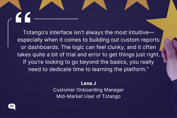 Quote by Lena J, Customer Onboarding Manager Quote graphic with a dark background and large yellow stars, featuring a hand holding one of the stars. The quote reads: “Totango’s interface isn't always the most intuitive—especially when it comes to building out custom reports or dashboards. The logic can feel clunky, and it often takes quite a bit of trial and error to get things just right. If you're looking to go beyond the basics, you really need to dedicate time to learning the platform.” — Lena J, Customer Onboarding Manager, Mid-Market User of Totango.