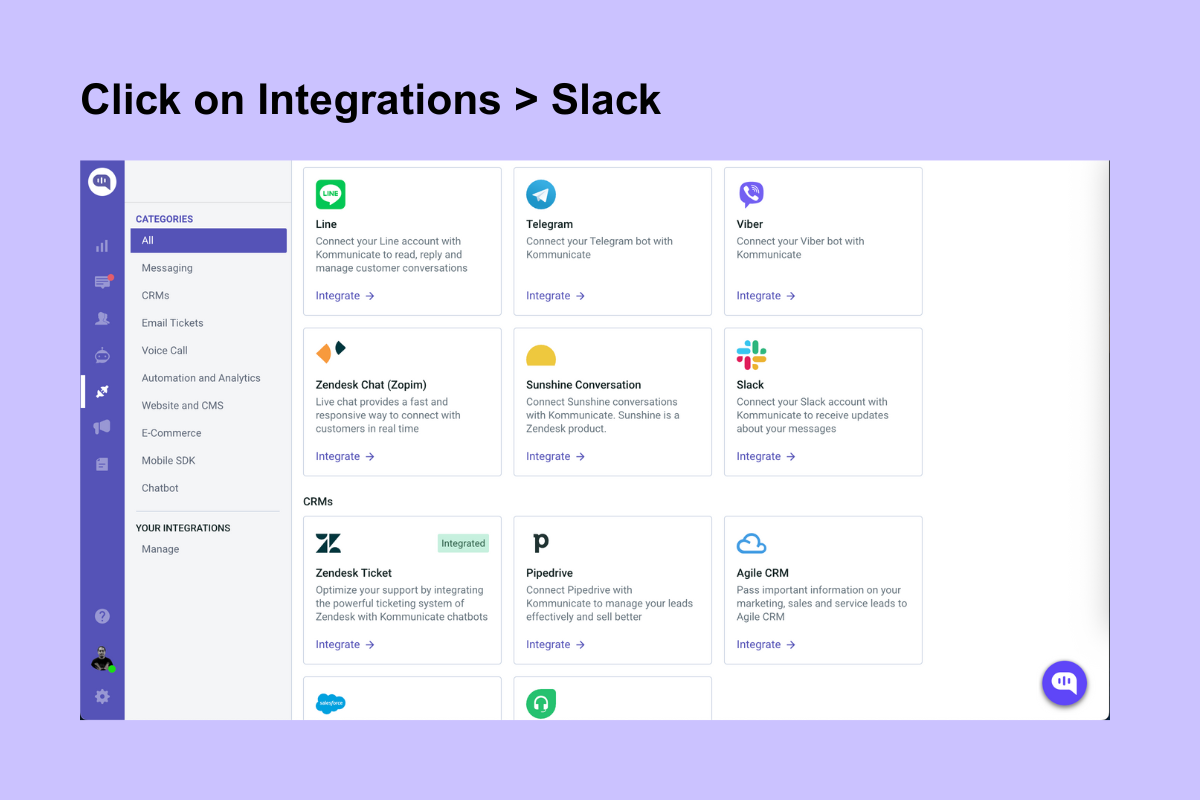 Slack Integration Dashboard Screenshot of the Kommunicate integrations dashboard showing multiple platform options including Slack, Line, Telegram, Zendesk, and more, with instructions to click on "Integrations > Slack" to begin the setup.