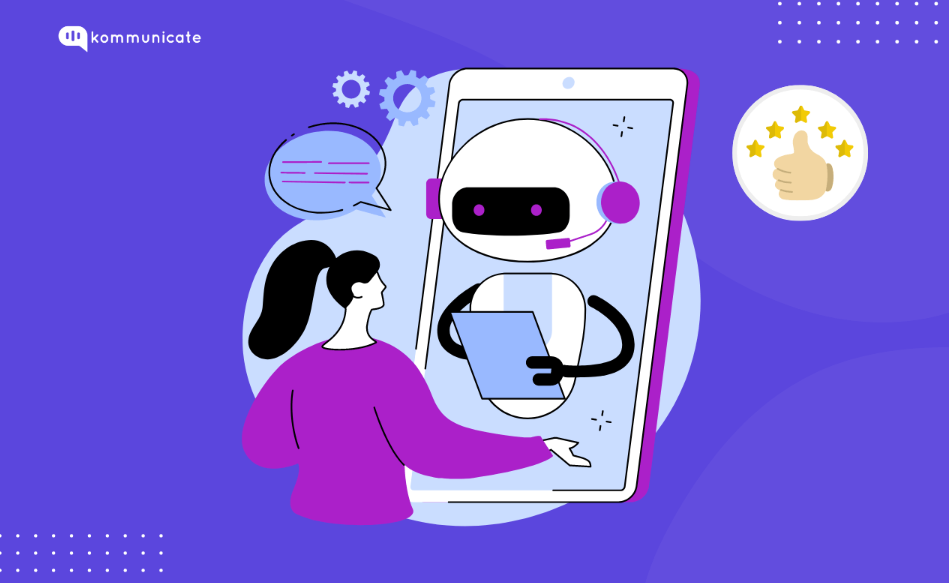 Illustration of a woman interacting with a friendly chatbot on a smartphone screen, symbolizing AI-powered customer support, with icons representing conversation, settings, and positive feedback.