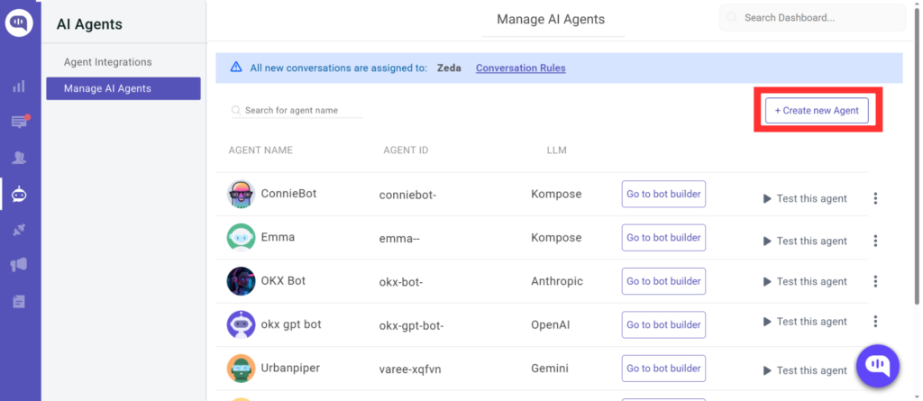 Create a new AI agent by clicking Create new Agent Kommunicate dashboard showing the "Manage AI Agents" section. A list of AI agents is displayed with their names, agent IDs, associated LLMs (Gemini, Kompose, OpenAI), and options to go to the Agent Builder or test each agent. A red box highlights the "+ Create new Agent" button in the top-right corner.