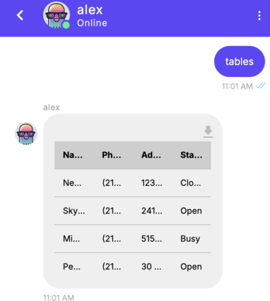 Chat interface showing a bot response with a downloadable table preview, including columns for Name, Phone, Address, and Status with partial values truncated