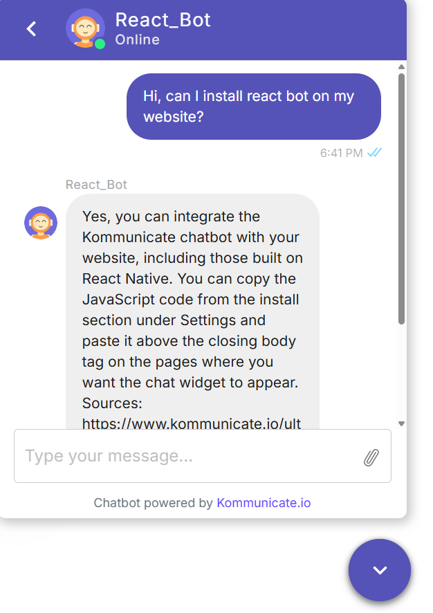 Your OpenAI AI agent is live on React! Screenshot showing a live chat window of the "React_Bot" AI agent on a website. The user asks, “Hi, can I install react bot on my website?” and the bot replies with instructions on integrating the Kommunicate chatbot using JavaScript, including compatibility with React Native. The chat interface is branded in purple with an avatar and “Online” status.
