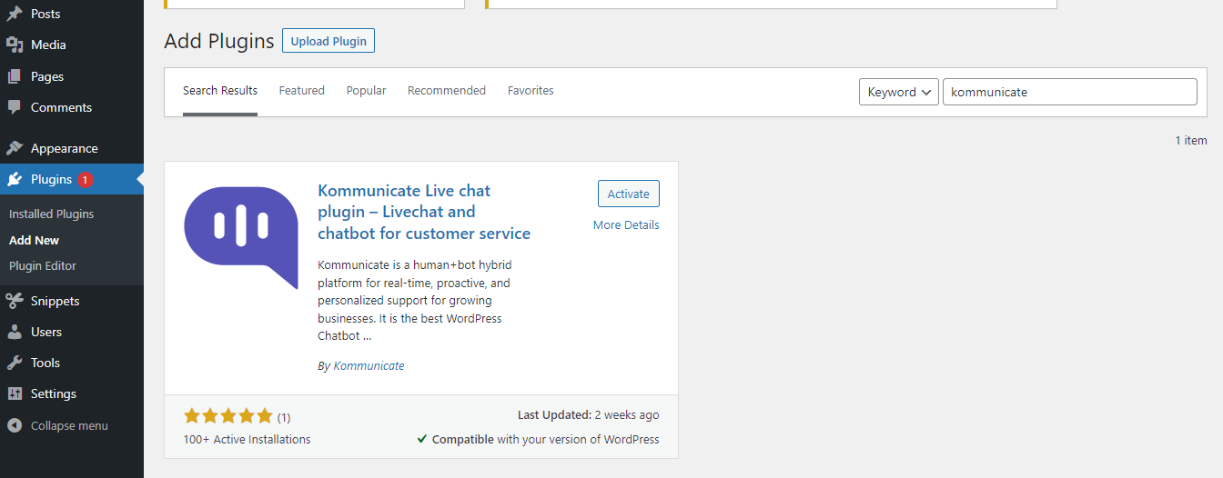 Click on Activate to Activate the Plugin WordPress plugin dashboard showing the Kommunicate Live Chat plugin with the 'Activate' button visible after installation.