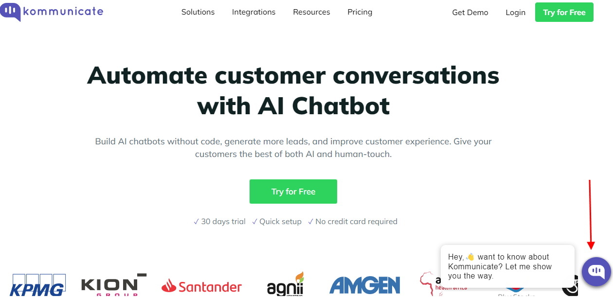 The OpenAI WordPress AI agent is now live on your website Kommunicate homepage displaying a live AI chatbot widget in the bottom right corner, confirming successful integration of the OpenAI WordPress AI agent.