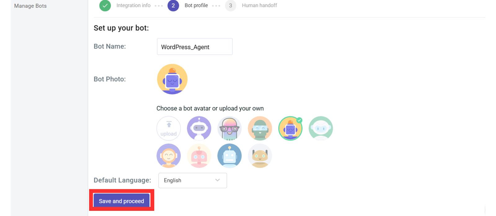 Name your Chatbot Kommunicate interface for setting up a new AI bot, showing the bot named 'WordPress_Agent', a selection of avatars, default language set to English, and the 'Save and proceed' button highlighted.
