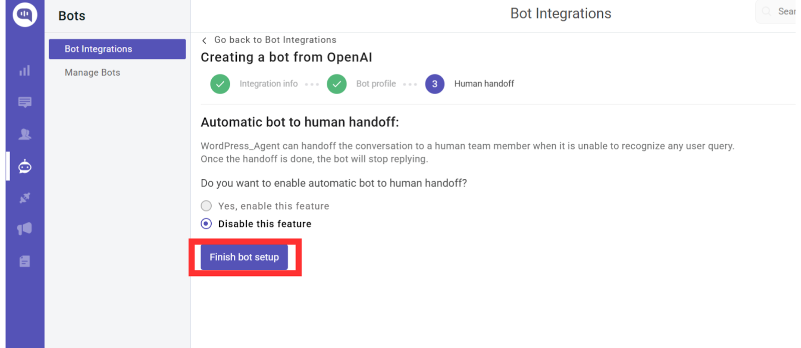 Enable or Disable Human Handoff Kommunicate screen showing the final step in OpenAI bot creation—Human Handoff settings—with the option to disable handoff selected and the 'Finish bot setup' button highlighted.