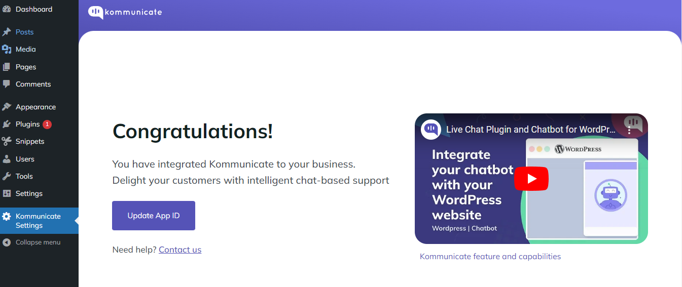 Update the App ID in WordPress WordPress dashboard view showing Kommunicate Settings with a message confirming successful integration and a highlighted 'Update App ID' button.