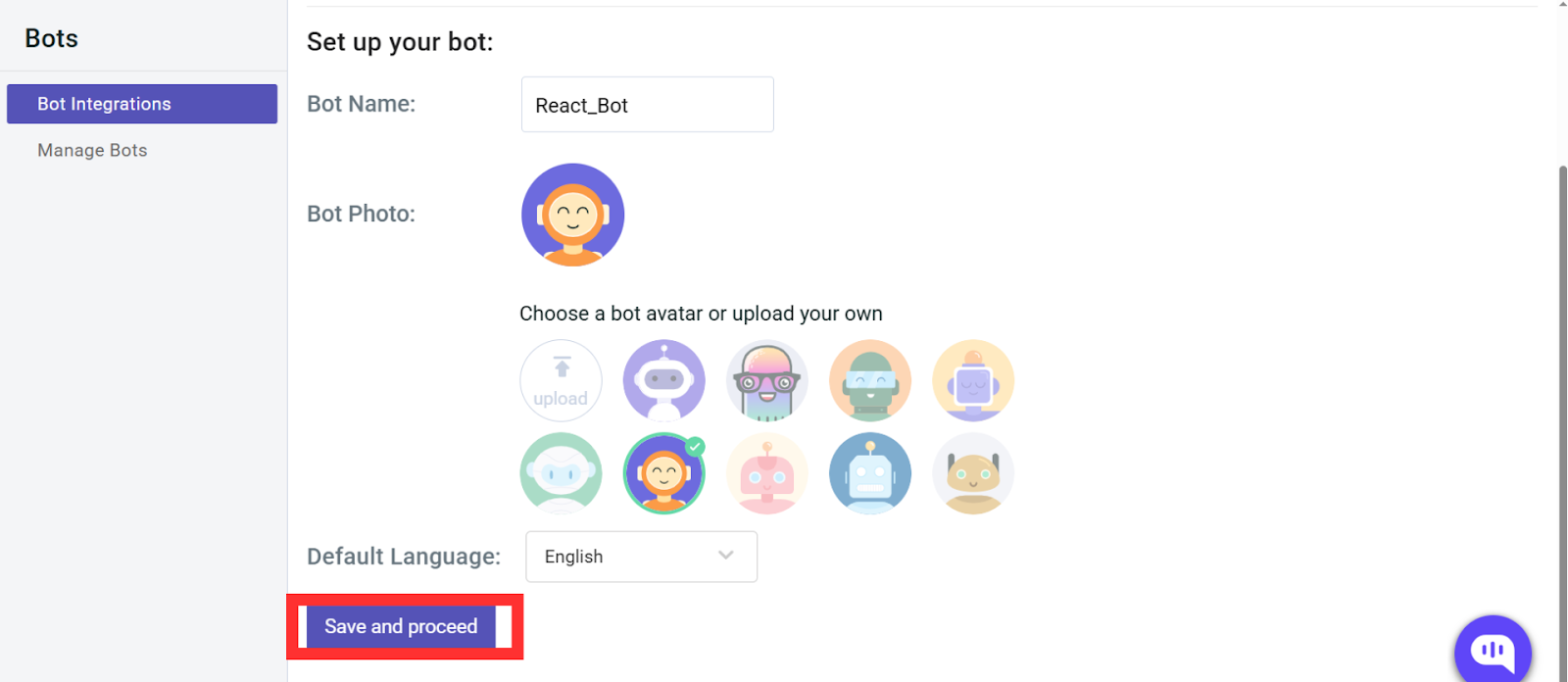 Give a name to your agent Screenshot of the Kommunicate dashboard showing the bot setup screen. The bot is named "React_Bot" and a standard avatar is selected from multiple illustrated options. The default language is set to English. The "Save and proceed" button is highlighted in red. The image is part of an instructional step guiding users to name their chatbot and select an avatar.