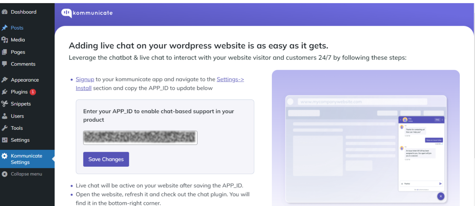 Enter the App ID in WordPress Kommunicate Settings screen in WordPress showing a field to enter the APP_ID for enabling chat-based support, with a 'Save Changes' button below and a sample live chat preview on the right.