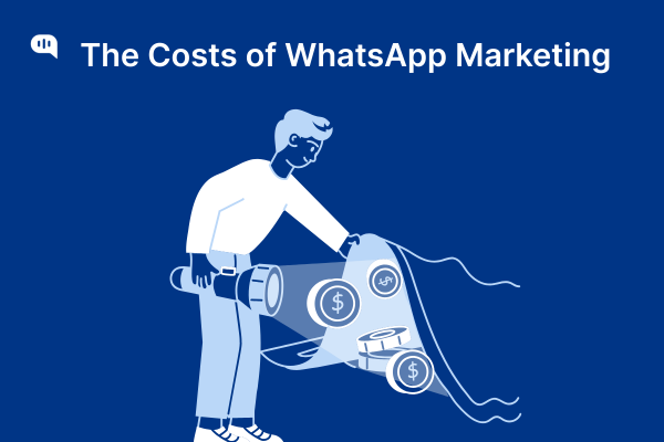Costs of WhatsApp Marketing Illustration of a person shining a flashlight under a rug to reveal coins and dollar symbols, symbolizing hidden or detailed costs associated with WhatsApp marketing.