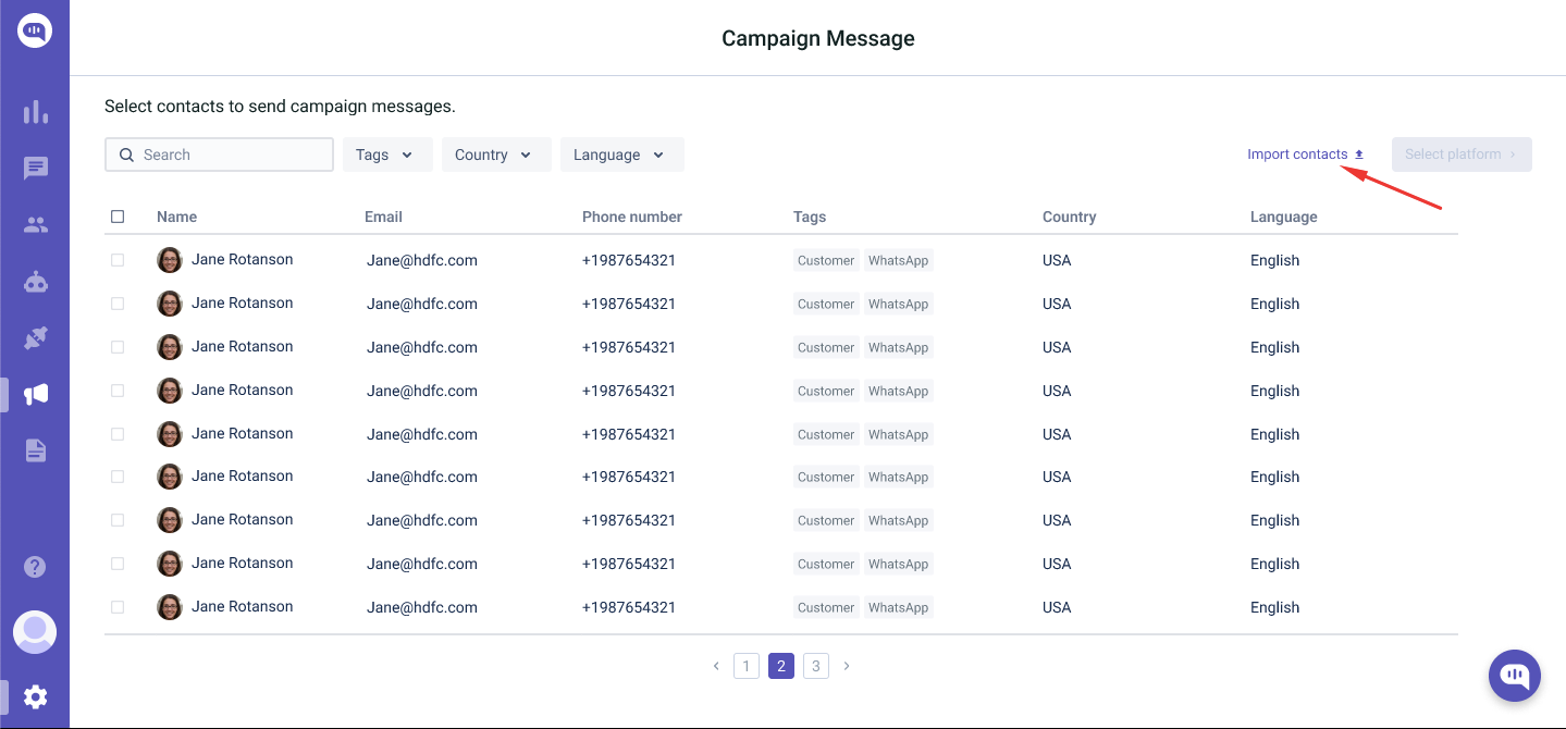 Importing Contact Lists for WhatsApp Campaigns in Kommunicate Screenshot of the contact import interface in Kommunicate's Campaign Message section, showing user details like name, email, phone number, and tags, with the "Import contacts" button highlighted.