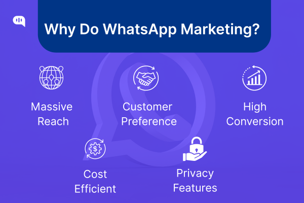 Why Does WhatsApp Marketing Matter Infographic highlighting five key benefits of WhatsApp marketing: massive reach, customer preference, high conversion rates, cost efficiency, and strong privacy features.