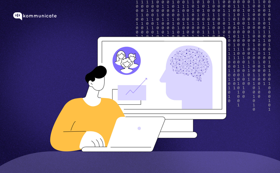 Balancing Technology and People in AI Change Management Illustration of a person using a laptop with a screen showing a human head, neural connections, and team icons, symbolizing the intersection of AI and human-centric change management.