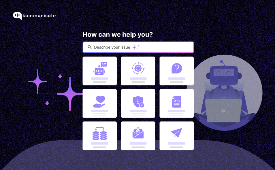 AI Chatbot Interface Driving Organizational Support Automation Illustration of an AI-powered support interface by Kommunicate, featuring a chatbot and icons representing various service categories, with a smiling robot using a laptop in the background.