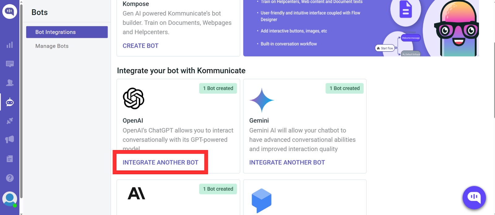 Choose the OpenAI integration Kommunicate dashboard displaying the "Bot Integrations" section under the "Bots" menu. The screen shows integration options for different AI models like OpenAI and Gemini. Each integration card indicates "1 Bot created" and includes an "INTEGRATE ANOTHER BOT" button, with the OpenAI option highlighted in red.