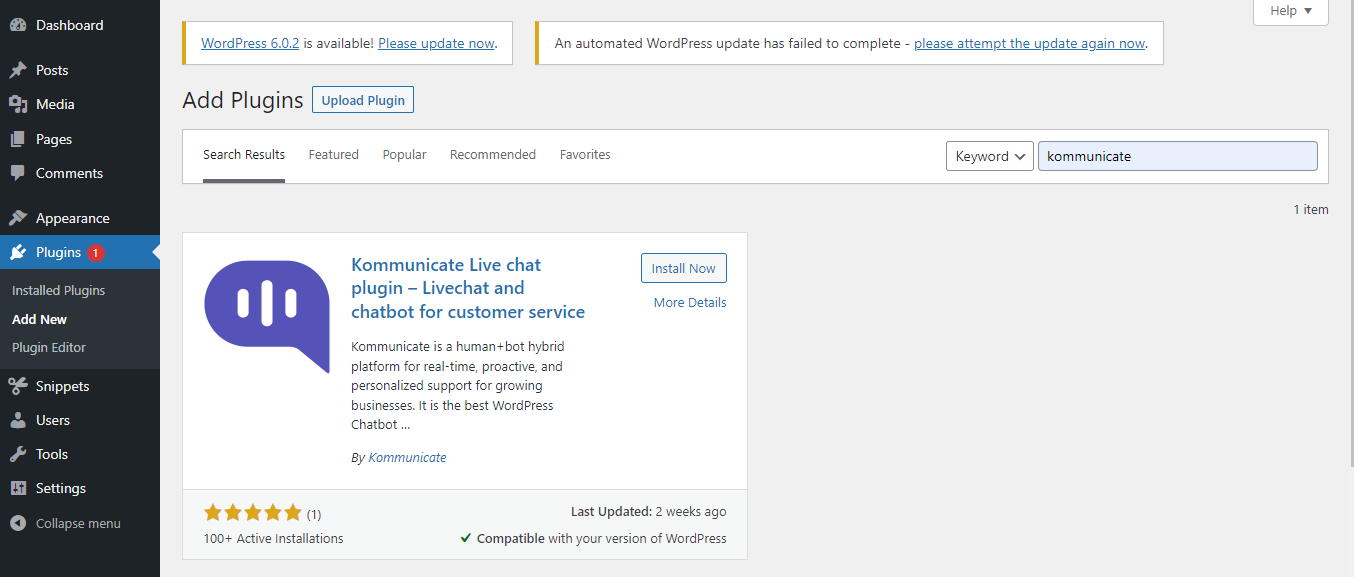 Install Kommunicate in WordPress WordPress dashboard showing the Plugins section with a search for 'Kommunicate' and the Kommunicate Live Chat plugin listed, along with the 'Install Now' button highlighted.