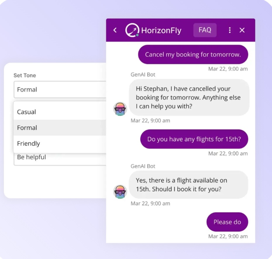 A chatbot conversation on the HorizonFly app showing a GenAI Bot assisting a user with flight cancellation and booking. A sidebar displays tone settings with options like Casual, Formal, Friendly, and Be helpful.