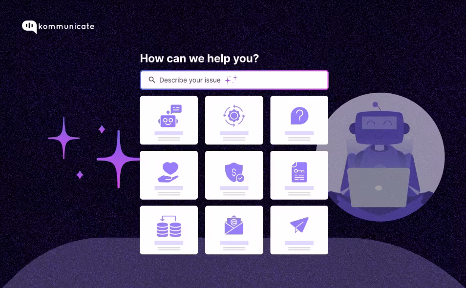 AI Chatbot Interface Driving Organizational Support Automation Illustration of an AI-powered support interface by Kommunicate, featuring a chatbot and icons representing various service categories, with a smiling robot using a laptop in the background.