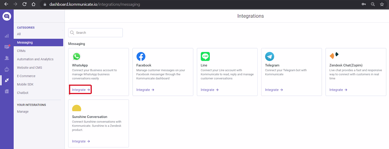 Kommunicate dashboard integrations page showing WhatsApp, Facebook, Line, Telegram, and Zendesk Chat options.